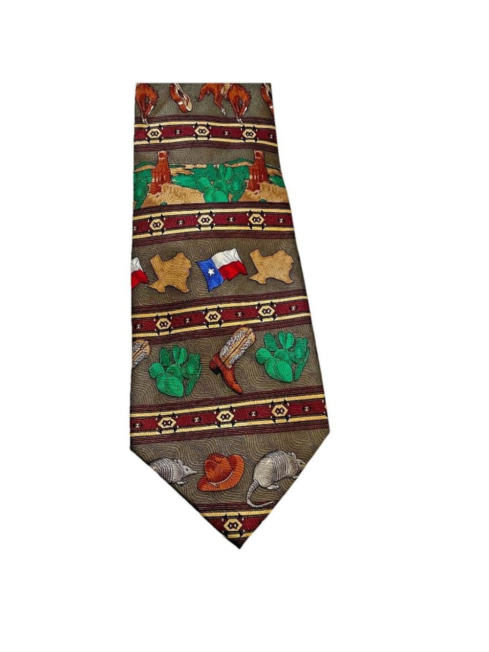 Vintage Silk Tie Texas Novelty Print Western Cowboy Boots Hats Armadillos Rodeo